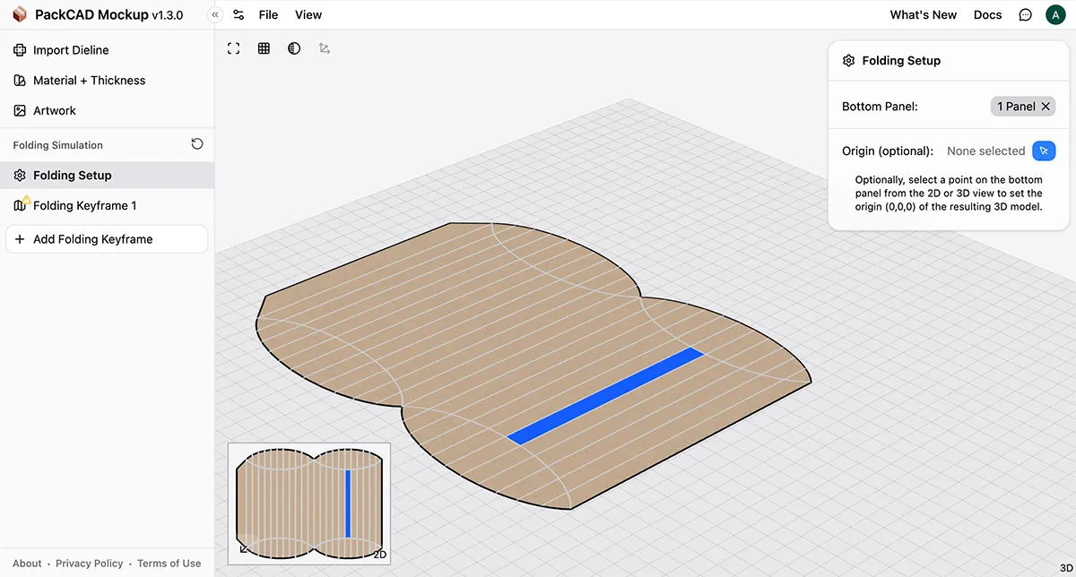 Pillow box dieline imported into PackCAD Mockup with bottom panel selected