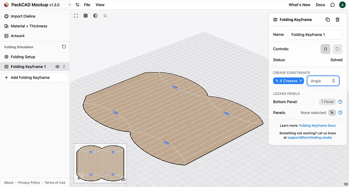 Pillow box dieline with four short curved crease subdivisions selected for folding in PackCAD Mockup