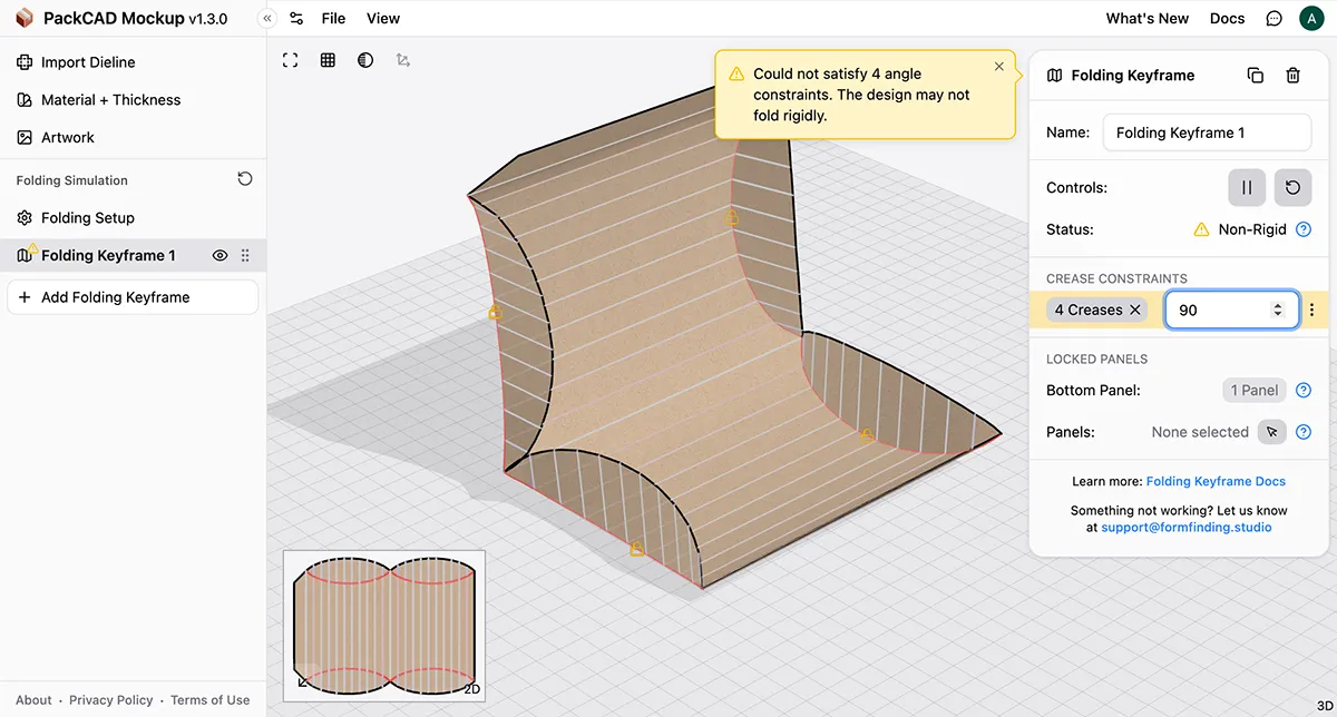 Pillow box dieline with curved creases folded in PackCAD Mockup, showing non-rigid warning state