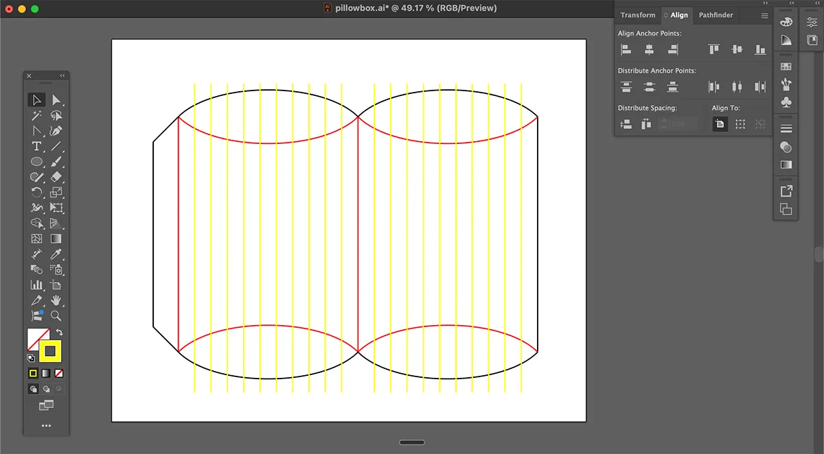 Pillow box dieline in Adobe Illustrator with yellow subdivision creases drawn across the bending panels