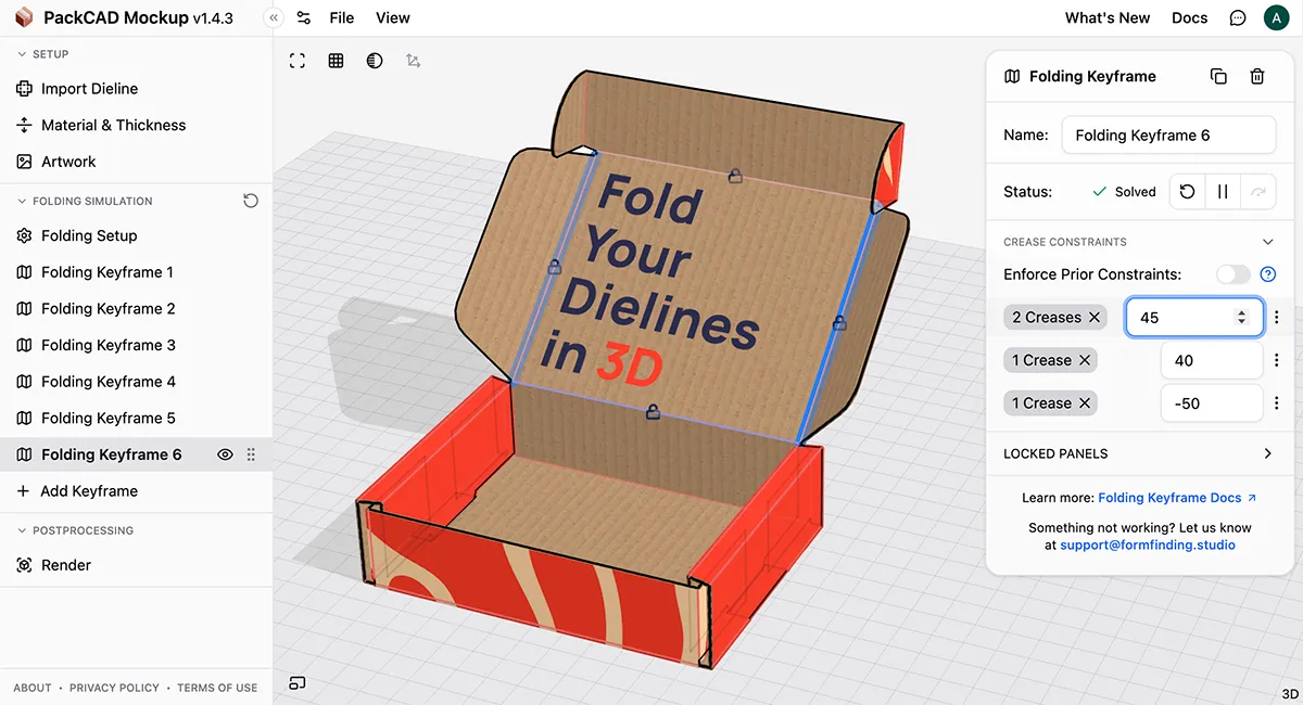 Mailer box mockup folded open and posed in PackCAD Mockup's 3D view, with artwork applied and a Folding Keyframe selected