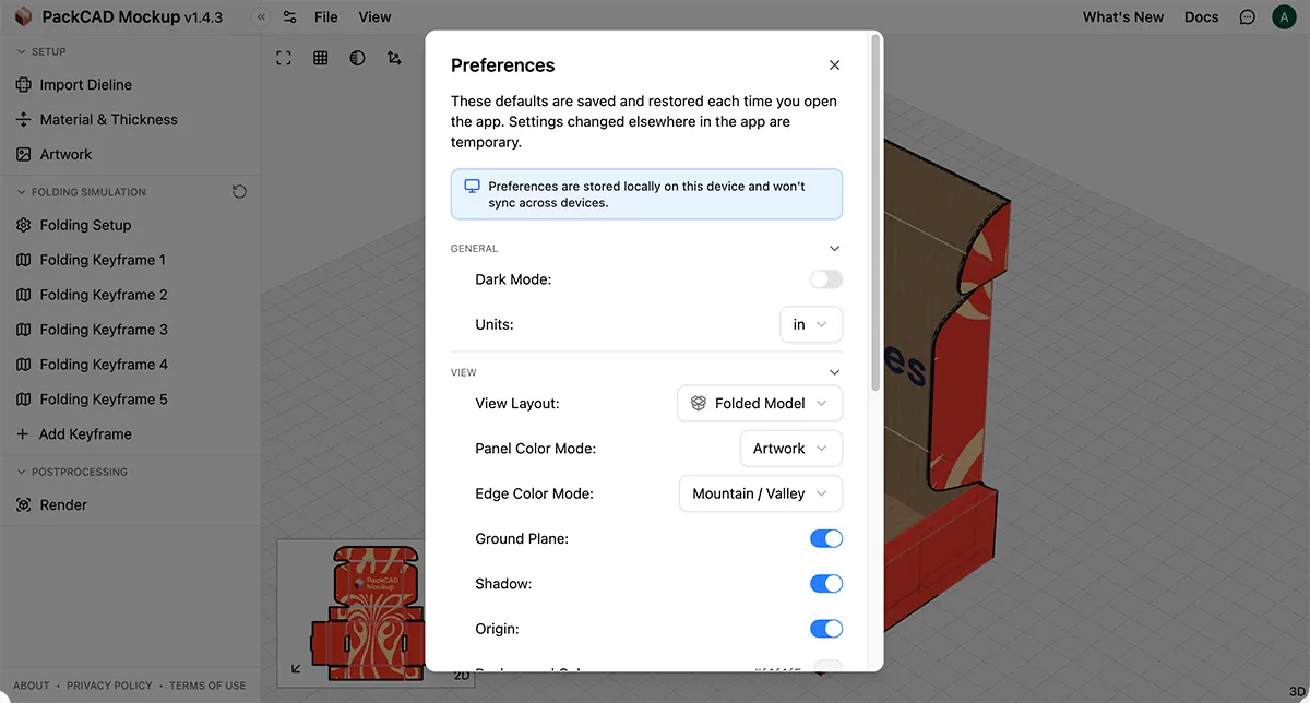 The Preferences modal open, showing the General and View sections with their options
