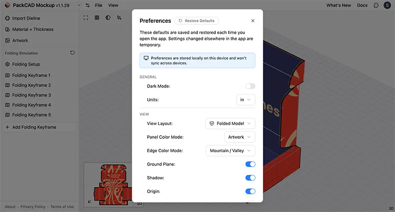 The Preferences modal open, showing the General and View sections with their options
