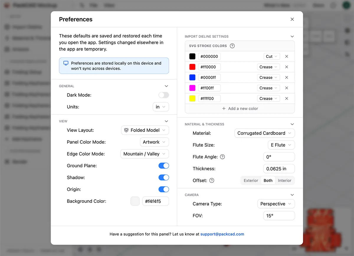 The Preferences menu open, showing the General, View, Import Dieline Settings, Material & Thickness, and Camera sections with their options