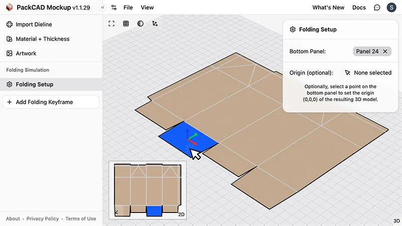 Bottom panel selected and highlighted in the dieline, with Folding Setup menu showing "Panel 24" selected