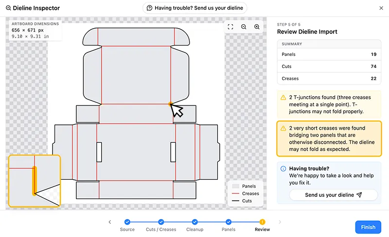 The Dieline Inspector's Review step flagging two very short creases bridging otherwise disconnected panels, with a magnified view of the short bridging crease