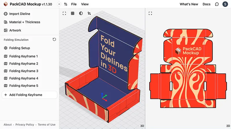 Split Horizontally view layout with the folded 3D model on the left and the flat dieline on the right