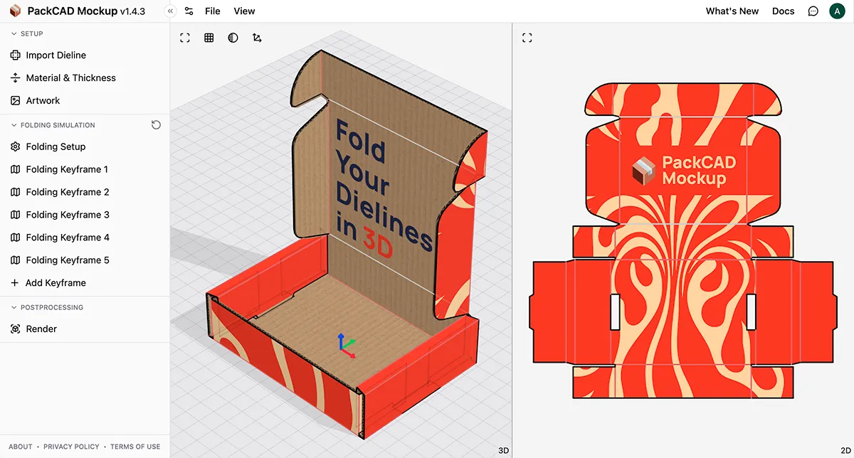 Split Horizontally view layout with the folded 3D model on the left and the flat dieline on the right