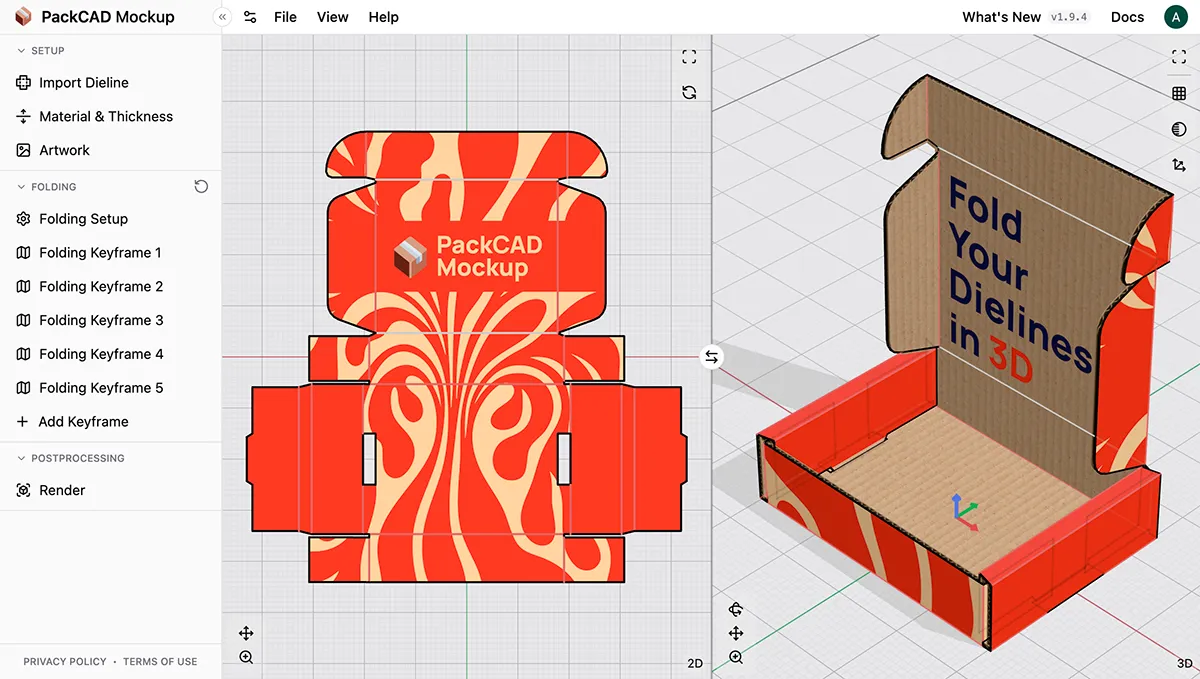 Split Horizontally view layout with the flat dieline on the left and the folded 3D model on the right, with the Swap Views button on the divider between them