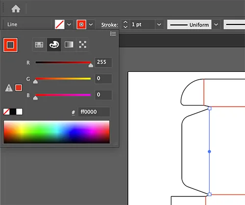 A fold line selected on a dieline in Adobe Illustrator, with the Color panel showing its stroke set to red (#ff0000)