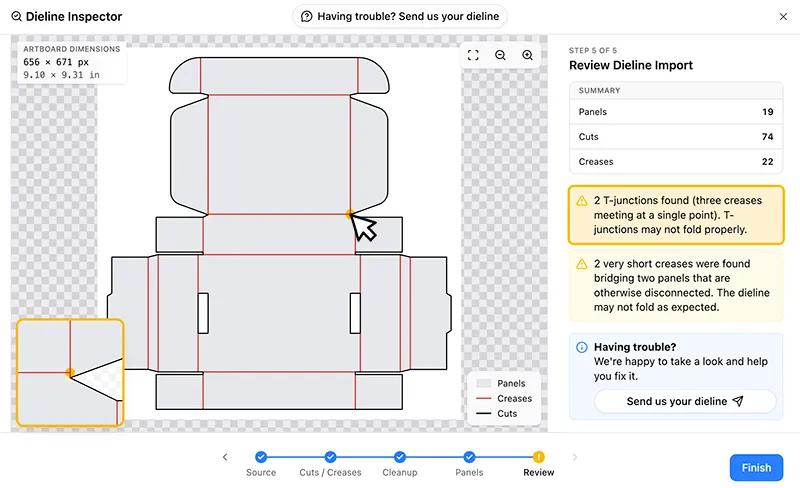 The Dieline Inspector's Review step flagging two T-junctions where three creases meet at a single point, with a magnified view of the junction