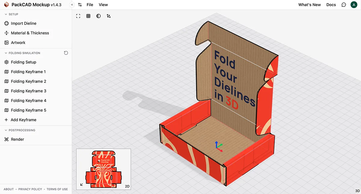PackCAD Mockup with a folded mailer box in 3D, showing five Folding Keyframes in the left menu