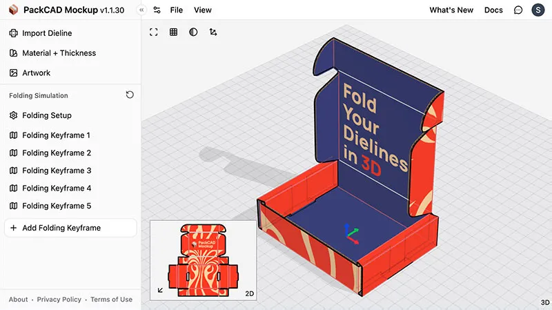 PackCAD Mockup with a folded mailer box in 3D, showing five Folding Keyframes in the left menu