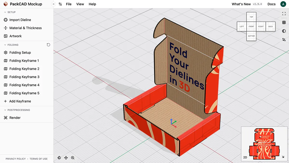 PackCAD Mockup with a folded mailer box in 3D, showing five Folding Keyframes under the Folding section of the left menu