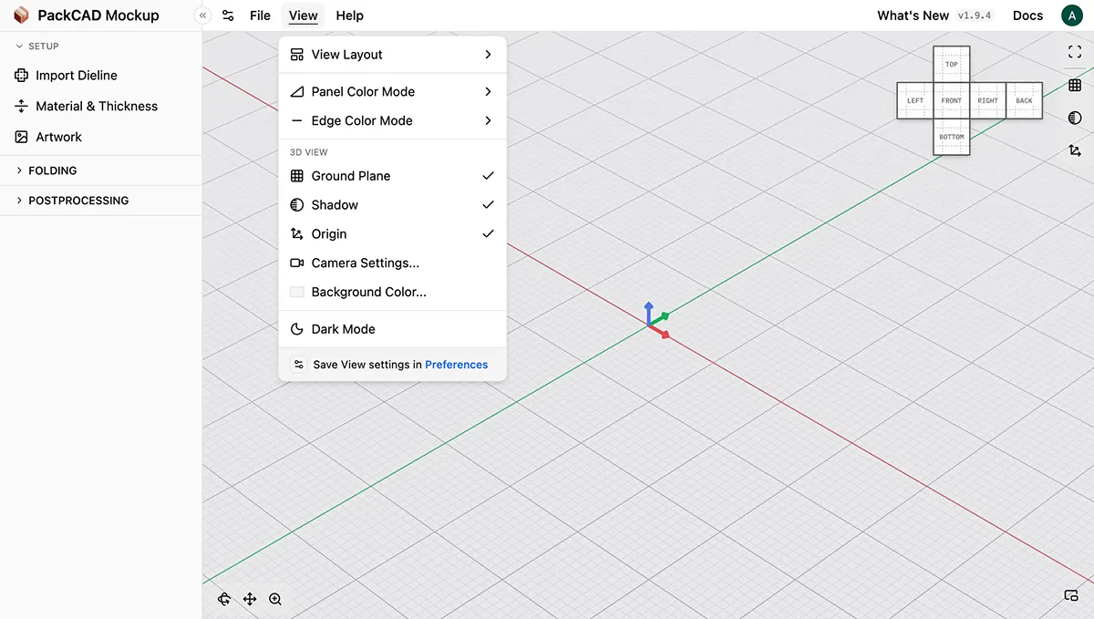 View menu open showing View Layout, Panel Color Mode, Edge Color Mode, 3D View options, and Dark Mode toggle