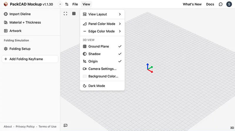 View menu open showing View Layout, Panel Color Mode, Edge Color Mode, 3D View options, and Dark Mode toggle