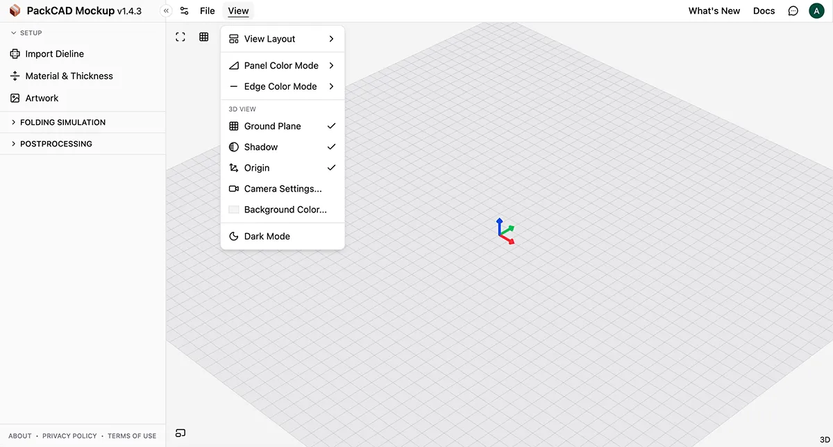 View menu open showing View Layout, Panel Color Mode, Edge Color Mode, 3D View options, and Dark Mode toggle
